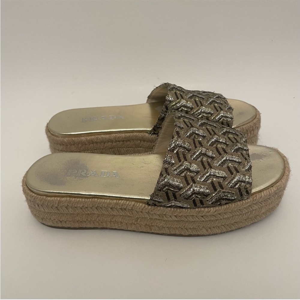 Prada Espadrille Platform Slide Sandals Metallic Womens Size 7.5 Designer - Picture 4 of 15